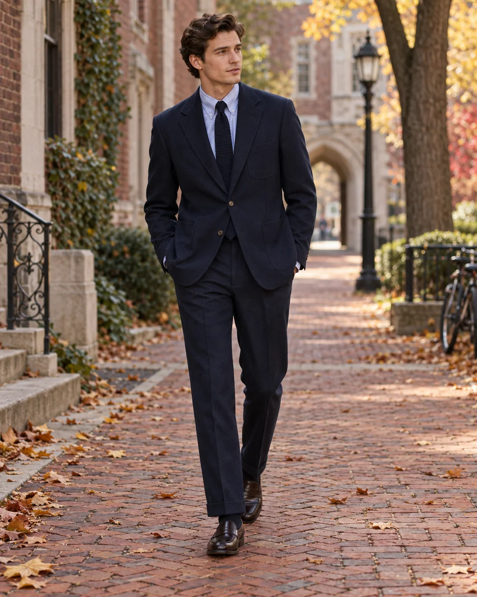 Traje azul marino de estilo Ivy League — Corte holgado, Solapa de muesca. Referencia de estilo