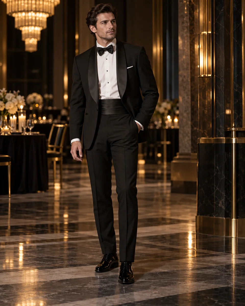 Esmoquin negro con cuello chal — Corte de etiqueta, Cuello chal. Referencia de estilo