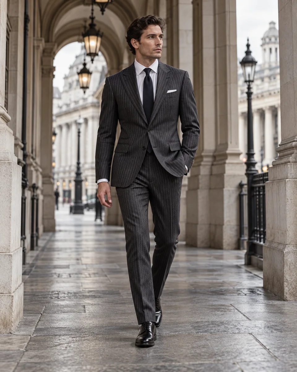 Traje antracita de raya fina, inspiración británica — Corte clásico, Solapa de pico. Referencia de estilo