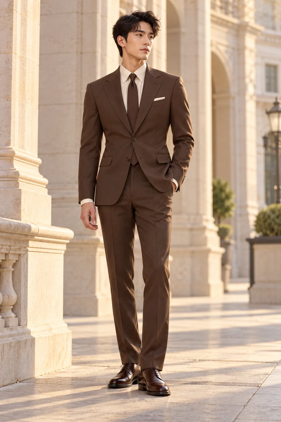 Traje entallado marrón cacao — Corte entallado, Solapa de muesca. Referencia de estilo
