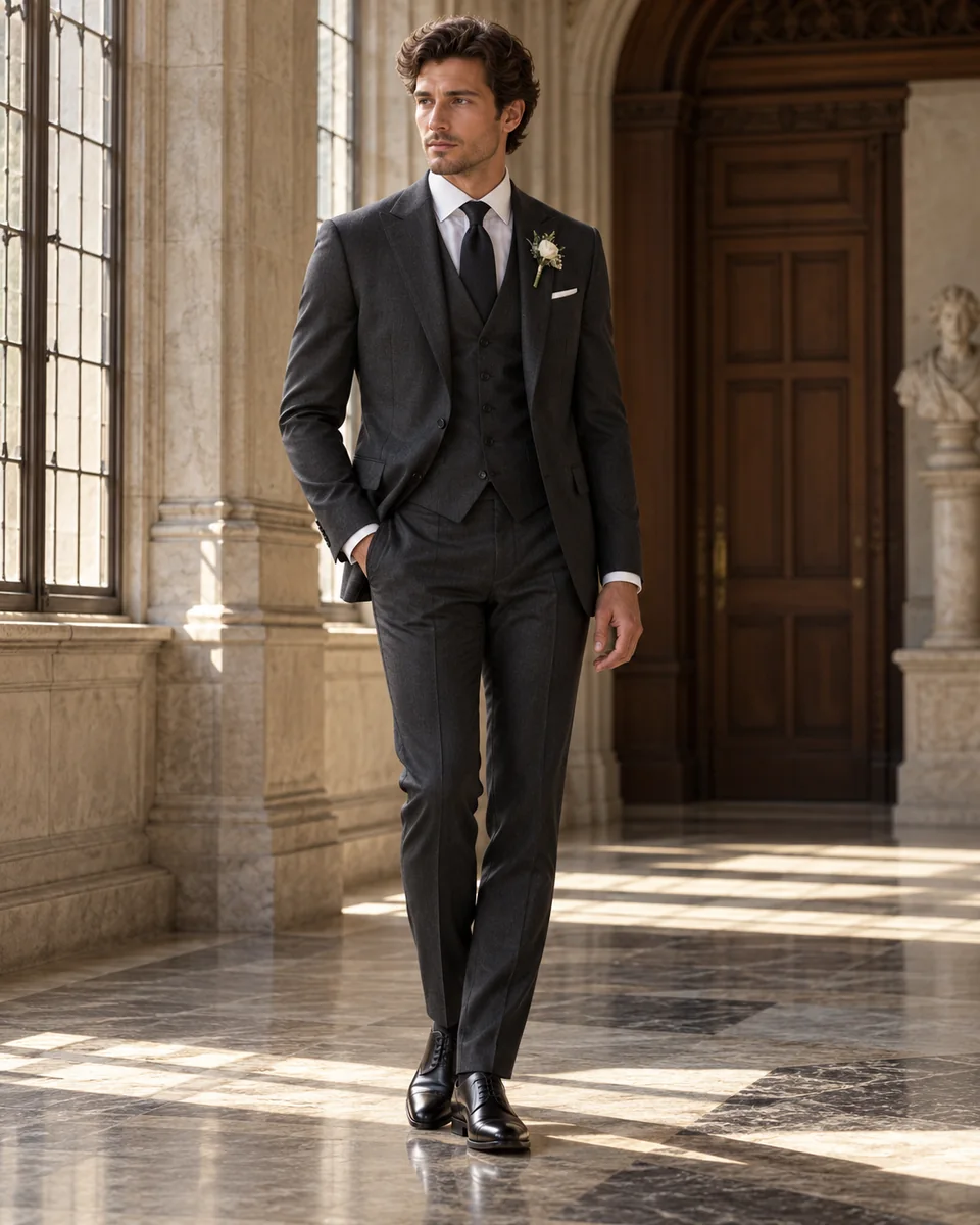 Traje de boda de tres piezas antracita — Corte clásico, Solapa de pico. Referencia de estilo