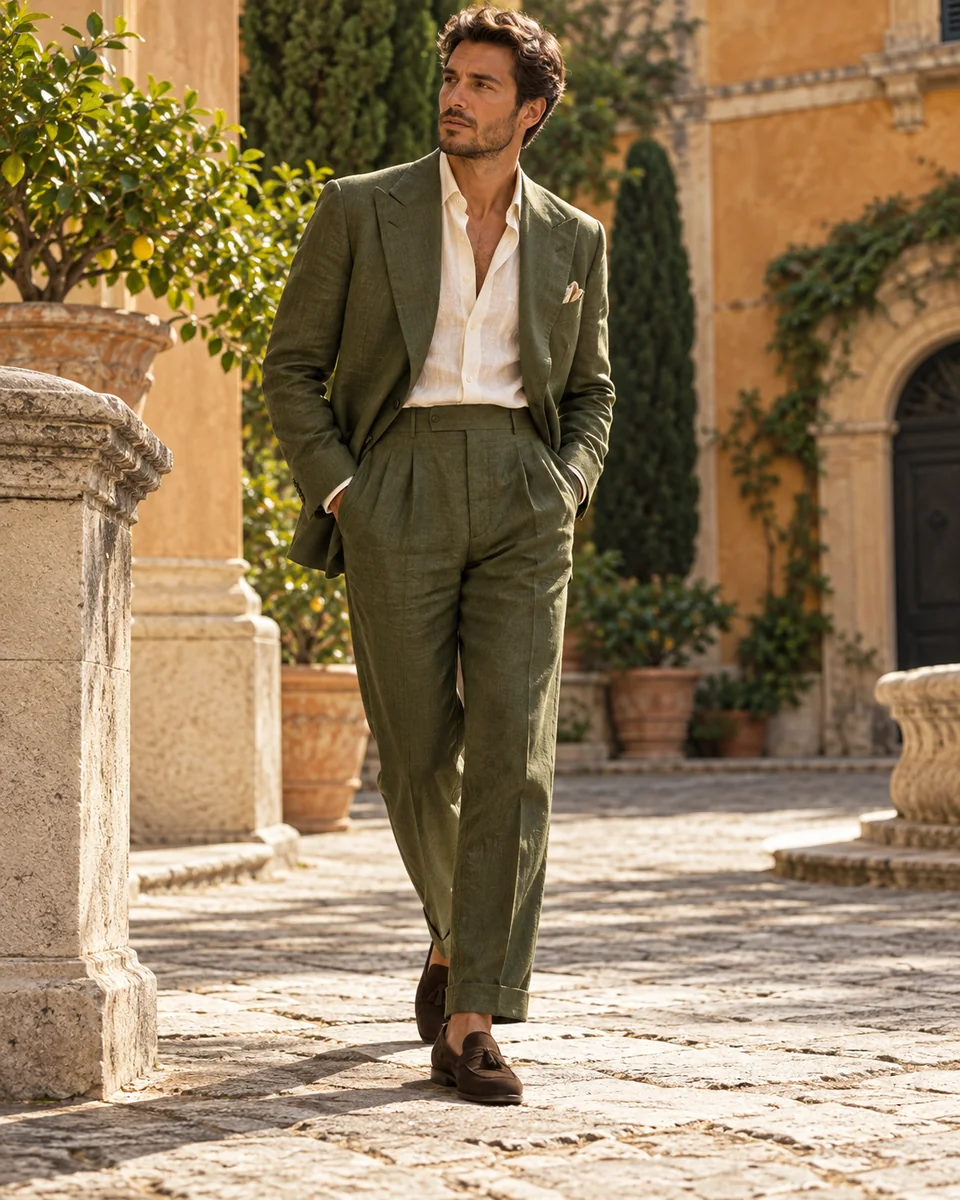 Traje de lino oliva, inspiración italiana — Corte holgado, Solapa de muesca. Referencia de estilo