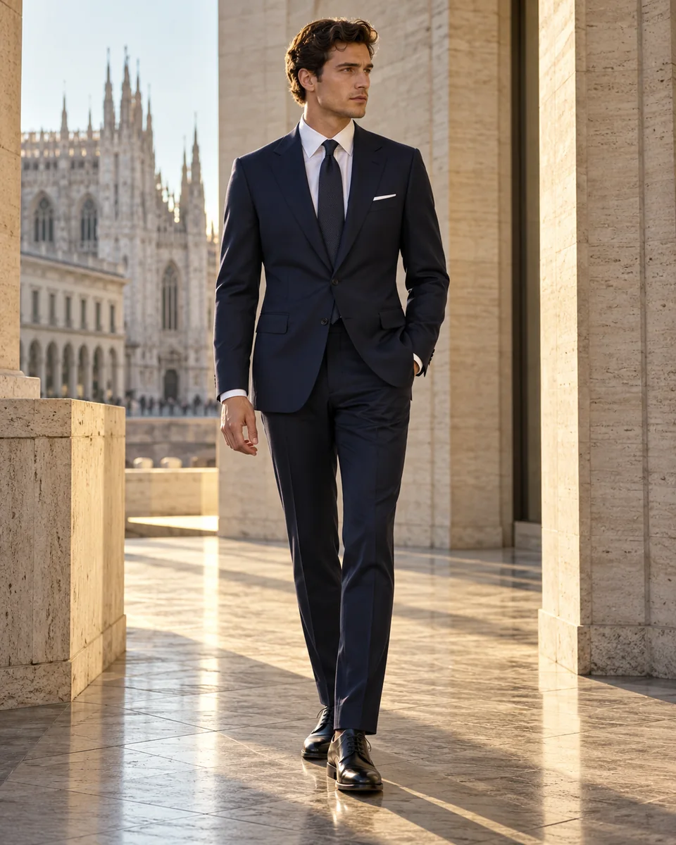 Traje azul noche, inspiración milanesa — Corte entallado, Solapa de muesca. Referencia de estilo