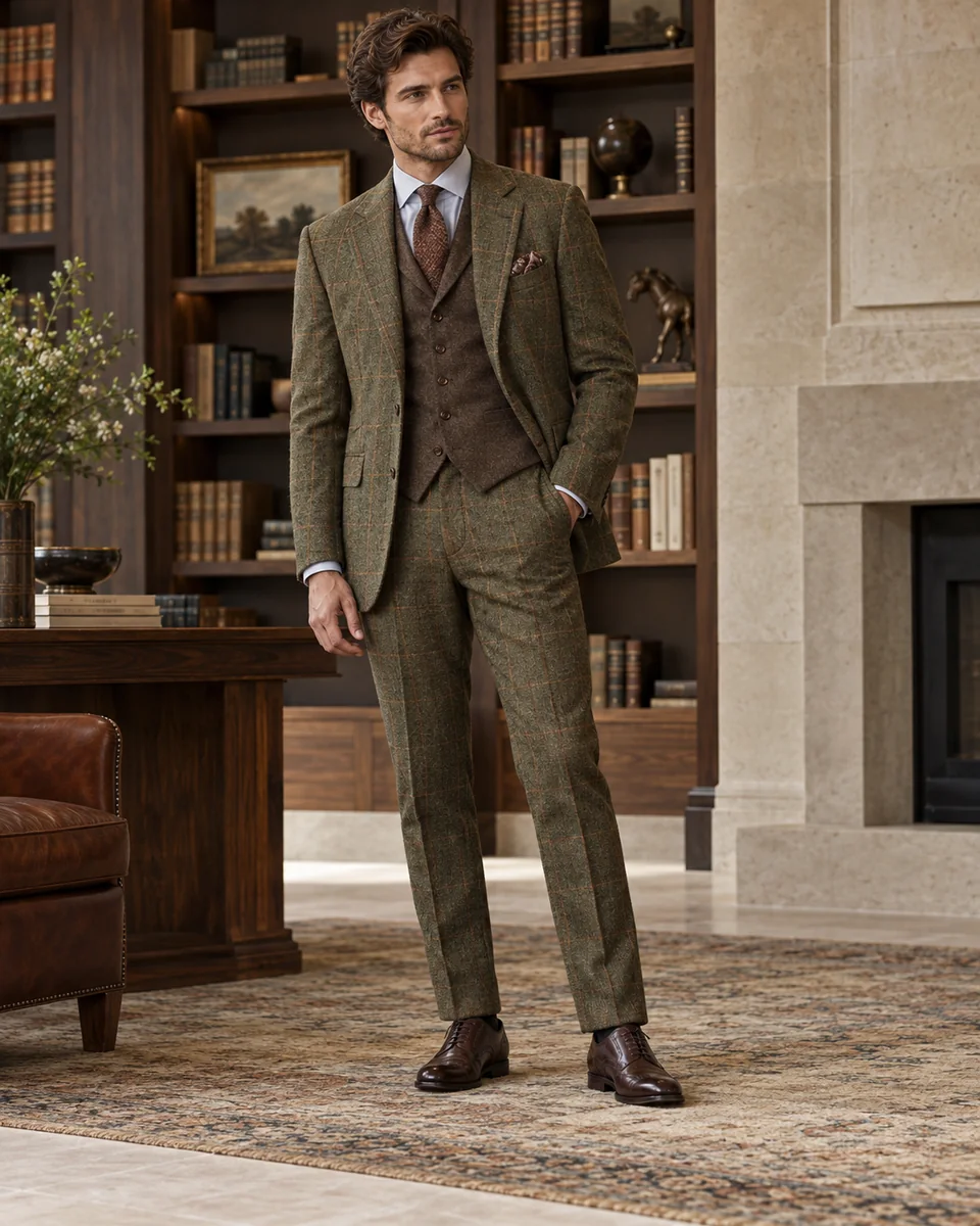 Traje de tweed de tres piezas a cuadros oliva — Corte clásico, Solapa de pico. Referencia de estilo