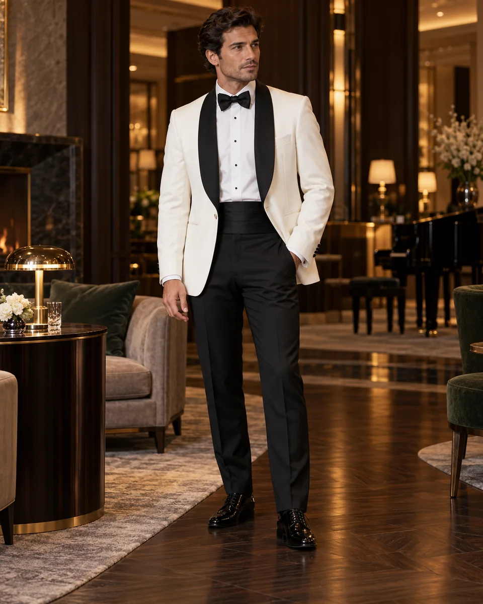 Chaqueta de esmoquin color marfil — Corte de etiqueta, Cuello chal. Referencia de estilo