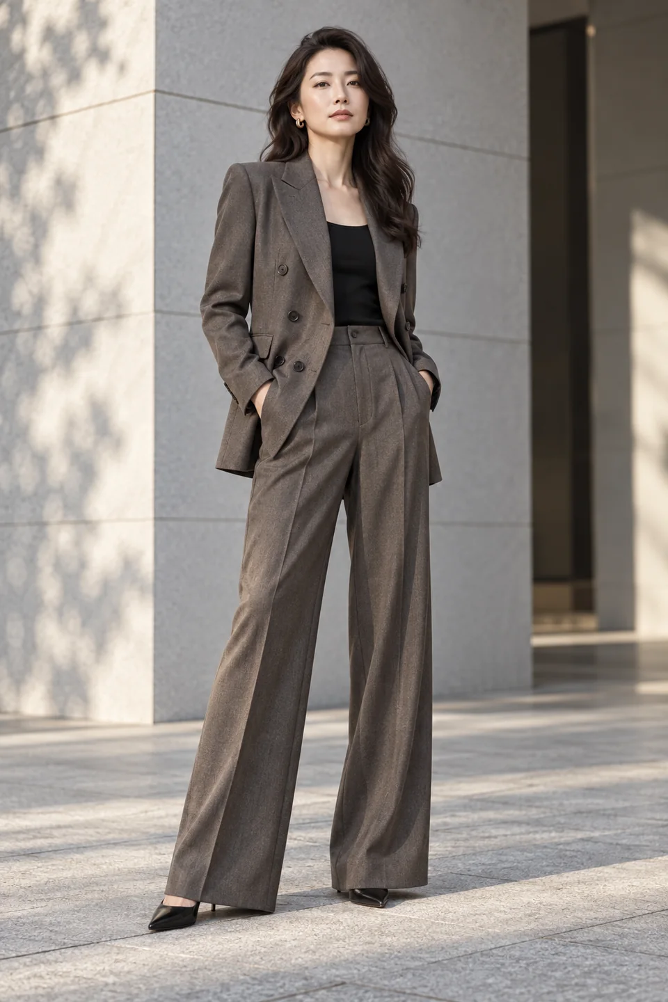 Traje cruzado de mujer gris antracita — Corte holgado, Solapa de pico. Referencia de estilo