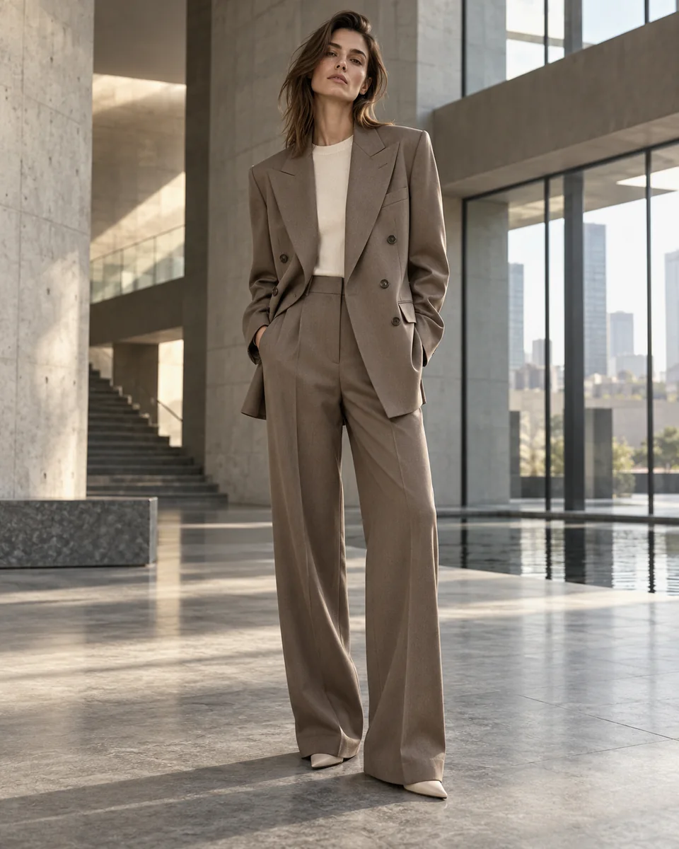 Traje de mujer cruzado en tono topo — Corte holgado, Solapa de pico. Referencia de estilo